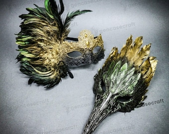 Green Gold Couple Mask Costume Set | Halloween Masquerade Ball Prom, Women Venetian Feather Mask, Raven Crow Skull Bird Beak Long Nose Mask