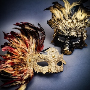Halloween Couples&#39; Mask Costume - Full Face Wolf Mask Gold Feather Werewolves Halloween Masquerade Cosplay, Venetian Women Prom Ball Mask