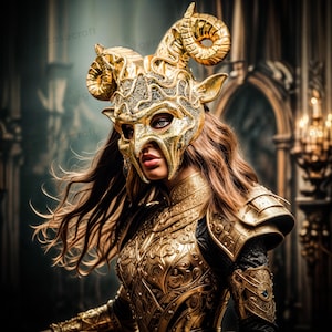 Adult Devil Demon Skull Mask with Ram Horns, Steampunk Gold Forrest Snakes Demon Halloween Masquerade, Animal Horns Ram Cosplay Mask