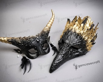 Gold Black Couples Halloween Masquerade Set | Women's Lace Horned Eye Mask, Demon Devil Costume, Long Beak Skull Raven Crow Feather Mask