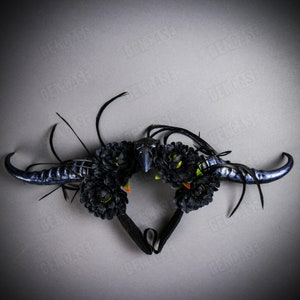 Blue Raven Skull Gothic Devil Animal Wide Black Long Horn Head Dress Piece w/ Rose | Halloween Costume Party Cosplay Women Headband