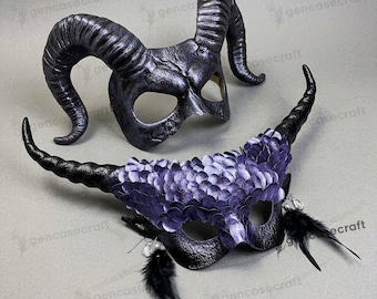 DARK PURPLE Couples Halloween Masquerade Costume - Dragon Scales Devil Mask, Large Krampus Ram Horned Masquerade, Men Women Party Ball Mask