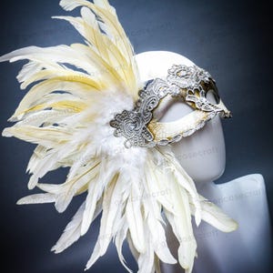 Wedding Masquerade Prom Ball Mask, Silver White Feather Women Masquerade Mask Venetian Mardi Gras Costume, Halloween Carnival Party Mask
