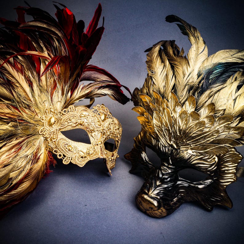 Gold Feather Masquerade Venetian Mask for Couple, Men Women Party Mask ...