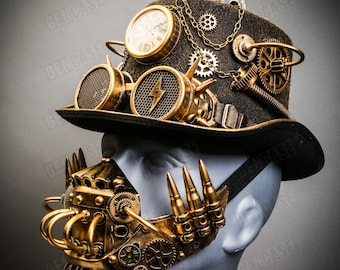 Metallic Gold Silver Steampunk Lightning Goggle Scientist-Themed Top Hat Mouth Cover Face Mask Halloween Steampunk Party Costume