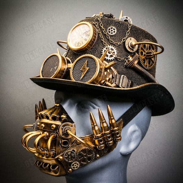 Metallic Gold Silver Steampunk Lightning Goggle Scientist-Themed Top Hat Mouth Cover Face Mask Halloween Steampunk Party Costume