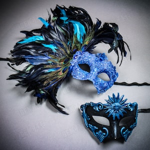 BLUE Luxury Couple&#39;s Carnival Masquerade Venetian Party Mask with Mardi Gras Large Side Peacock Feather and Pegasus Horse Men Party Mask