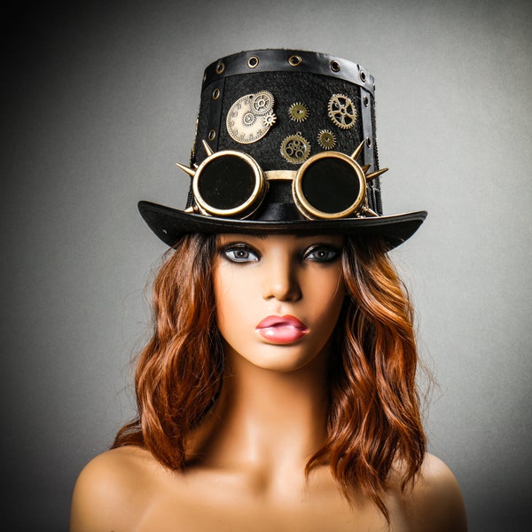 Steampunk Black Vintage Top Tall Hat with Metallic Gold Goggles and Steampunk Gear Accessories Halloween Costume Party Hat