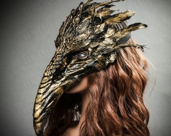 Gold Black Bird Curved Beak Long Nose Skull Face Mask with Top Feather Halloween Costume Party Masquerade Raven Crow Plague Doctor Mask