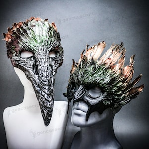 Copper Green Devil Mask for Couple Halloween Masquerade | Skull Mask Long Nose Bird Beak Raven Crow Costume, Demon Cosplay Mask with Feather