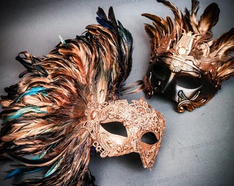 Set met maskerademasker voor koppels | Blauwe zijveren Venetiaans masker voor dames, koperzwart Grieks krijger mannen Mardi Gras-masker, masker voor koppelfeest