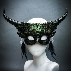 Green Black Women Devil Horns Masquerade Mask, Mermaid Dragon Snake Fish Squama Scales Mask Costume, Halloween Cosplay Demon Ram Horns Mask