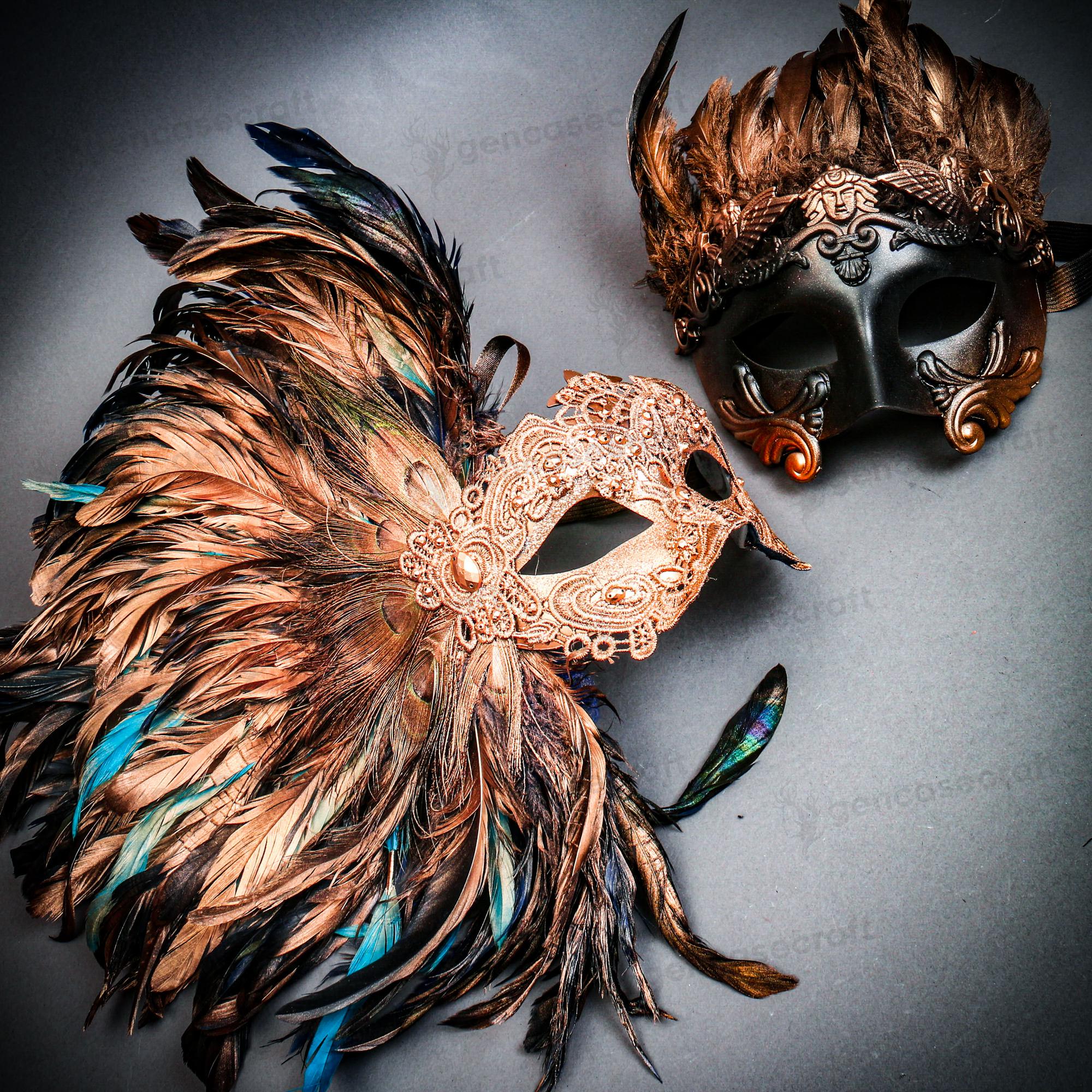Matching Masks Luxury Masquerade Mask for Couple Blue Copper Feather, His & Hers ...