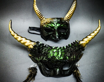 Demon Horn Halloween Costume Couple Masquerade | Gold Antelope Antler Krampus Ram Horns Devil Mask, Monster Beast Party Cosplay Face Mask