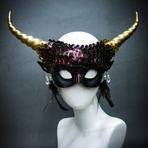 Burgundy Gold Devil Horn Masquerade Mask Women, Halloween Cosplay Demon Ram Horns Mask, Mermaid Fish Squama Scales Fairy Mask Costume