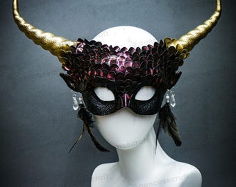 Burgundy Gold Devil Horn Masquerade Mask Women, Halloween Cosplay Demon Ram Horns Mask, Mermaid Fish Squama Scales Fairy Mask Costume