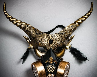 Black Gold Krampus Devil Eye Mask with Respirator Gas Cosplay Party Halloween Mask | Burning Man Costume Dress up