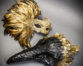 Svartguld Halloween böjd fågelnäsa skallefjädermask med Mardi Gras GULD sidofjäder parfestmasker, maskeradbal guldmasker
