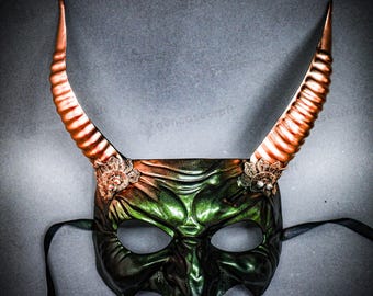 Copper Green Devil Horns Face Mask Costume, Scary Halloween Adult Men Women Demon Monster Beast Cosplay Masquerade Mask Antelope Antler Horn