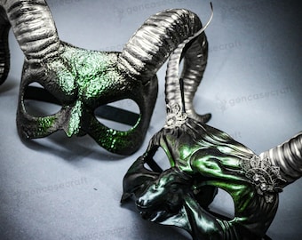 Couple Halloween Devil Mask with Horns | Silver Green Demon Monster Ram Horn Masquerade Krampus Mask, Men Women Scary Face Mask Costume