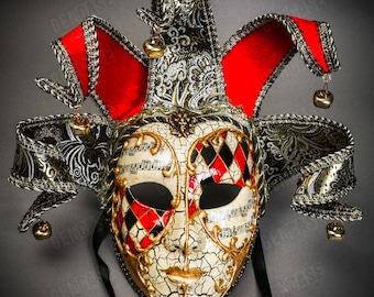 Medieval Crackle Jester Musical Joker Venetian Masquerade Mask with Gold Lip and Bells - Black Red | Mardi Gras Costume Party mask
