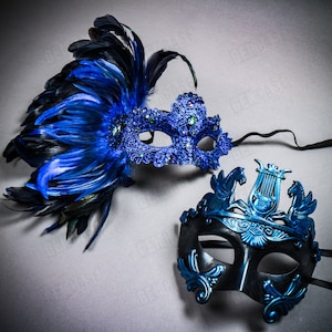 BLAUW Vrouwen Luxe Paar Carnaval Venetiaans Masker met Mardi Gras Side Feather en Pegasus Paarden Mannen Party Masker