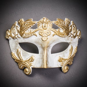 Brushed Gold White Roman Greek Emperor Warrior Venetian Mask For Prom Masquerade Ball Party Mask Costume | Men and Women Party Mask