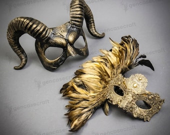 Beauty & Demon Gold Halloween Couple Mask Costume | Men Women Ball Prom Masquerade, Carnival Venetian Feather Mask, Krampus Ram Horn Devil