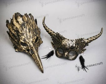 Dark Gold Devil Couples Masquerade | Halloween Raven Skull Beak Feather Mask & Dragon Scales Horn Women's Eye Mask, Plague Crow Bird Nose