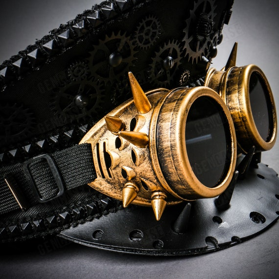 Black Gear-Embellished Spiked Military Steampunk Fisherman Hat Black Steampunk Captain Hat w/ Spikes Goggles Halloween  main image 4