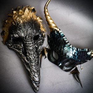 Animal Halloween Mask for Couple - Plague Doctor Long Nose Bird Crow Raven Feather Mask & Blue Mermaid Dragon Scales Fairy Mask Devil Horns