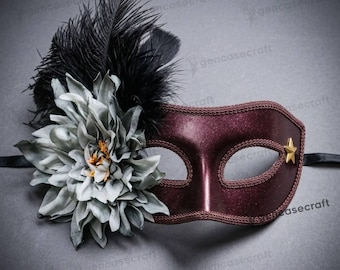 Burgundy Women's Prom Ball Masquerade Half Face Mask with Feathers Flower | Celestial Star Feather Floral Masquerade Party Wedding Costume