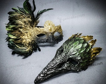 Couple's Halloween Mask Set | Gold Green Women & Men Prom Ball Masquerade, Venetian Carnival Feather Mask, Raven Skull Plague Doctor Costume