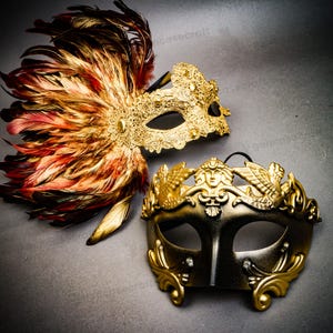Gold Feather Masquerade Mask for Couple | Red Feather Women Feather Mask, Black Roman Venetian Mask Warrior, Party Prom Mardi Gras Mask