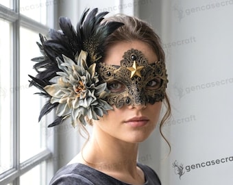 Venetian Antique Gold Black Feather Women Masquerade | Sage Flower Carnival Lace Eye Mask, Fancy Elegant Floral Wedding Prom Ball Party Mask