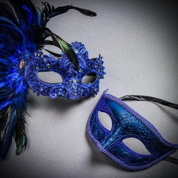 Womens Blue Side Feather Mask On Headband Eye Masks Female Halloween Costume Womens Blue Side Feather Mask On Headband Eye Masks Female Halloween Costume