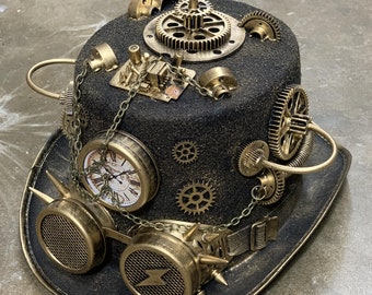 Steampunk Costume Party Top Hat with Spikes Lightning Goggles | Burning Man Head Gear Top Hat