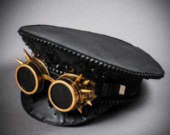 Black Steampunk Spikes Dark Lens Gold Goggles Military Captains Hat Festival Halloween Party Cap Hat For Men and Women