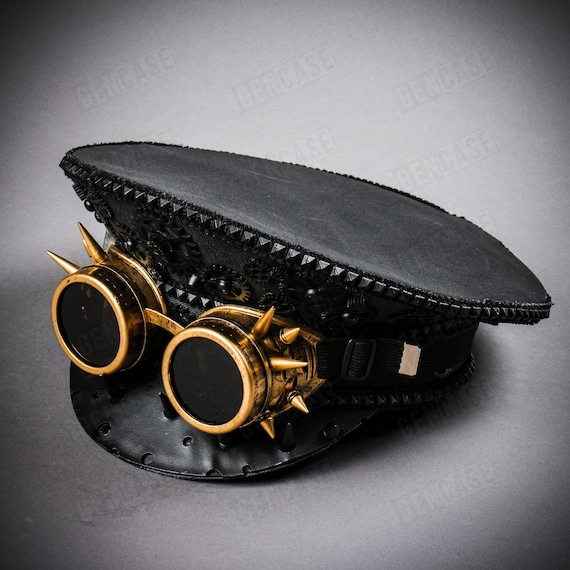 Black Gear-Embellished Spiked Military Steampunk Fisherman Hat Black Steampunk Captain Hat w/ Spikes Goggles Halloween  main image 3
