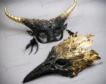 Gold Black Halloween Masquerade for Couples | Elegant Lace Horned Eye Mask, Demon Devil Costume, Long Beak Skull Raven Crow Feather Mask