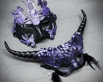 Purple Gothic Halloween Mask for Couples - Pairing Masquerade Set for Women Men, Dragon Scales Horned Eye Mask, Venetian Greek Warrior Mask