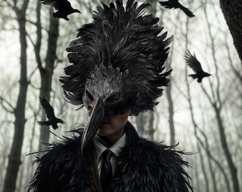 Crow Raven Skull Costume Mask Long Nose Beak Feather Masquerade, Peacock Large Feather Halloween Long Beak Plague Doctor Bird Skull Mask