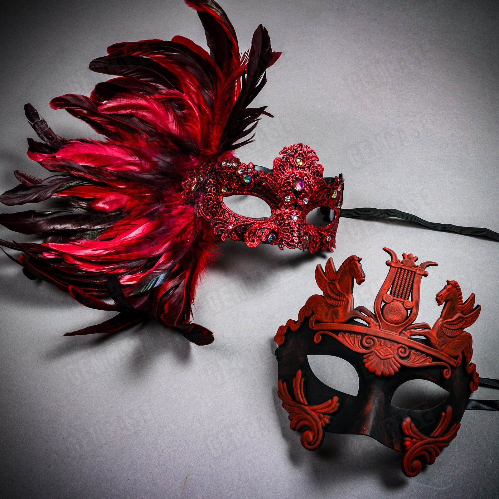 RED Women Luxury Couple's Carnival Venetian Masquerade Mask with Mardi Gras Side Feather and Pegasus Horses Men Party Mask