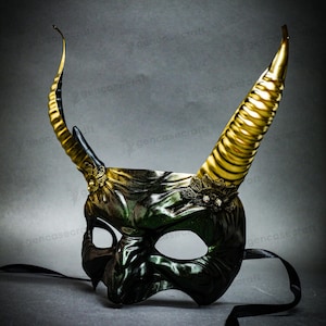 Adult Devil Mask with Horns, Scary Halloween Costume Masquerade, Green Gold Goblin Demon Monster Beast Antelope Antler Animal Horns Mask