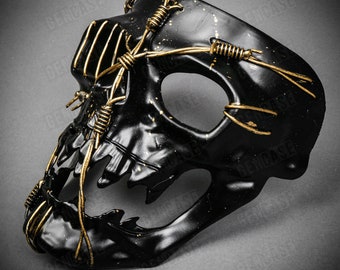 Pirate Gold Wired Death Skull Masquerade Full Face Mask | Halloween Costume Burning Man Festival Halloween Cosplay Party Black Mask