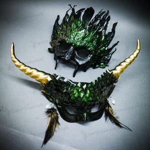 Scary Halloween Devil Demon Mask for Couples, Green Monster Beast Masquerade Cosplay, Full Face Satan Goblin Mask, Gold Animal Horns Mask