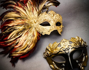 Women Men Couple Masquerade Venetian Feather Mask, Carnival Prom Ball Mask Set, Couple Mask Wedding Masquerade, Greek Warrior Mask