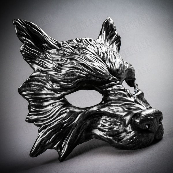 Masque de fête de mascarade d'Halloween de loup sauvage argenté noir | Masque de maison chassé | Masque de mariage pour hommes