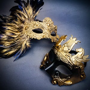Men Women Masquerade Couple Mask, Gold Venetian Wedding Mask, Prom Ball Face Mask Side Feather Roman Greek Mardi Gras, Halloween Party Mask