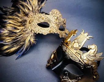Men Women Masquerade Couple Mask, Gold Venetian Wedding Mask, Prom Ball Face Mask Side Feather Roman Greek Mardi Gras, Halloween Party Mask